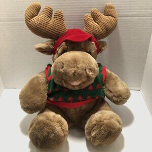 Commonwealth Stuffed Plush Moose w/ Christmas Sweater 18" Toy Brown 1992 Vintage